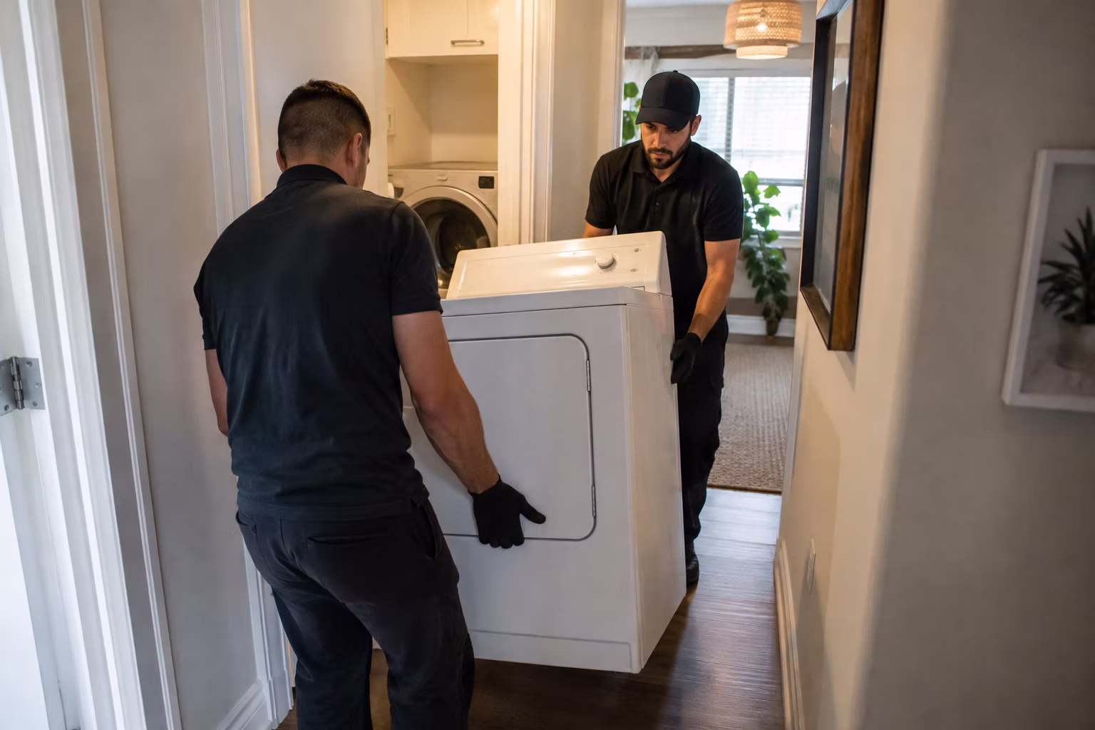 Movers Carry Dryer Through Hallway